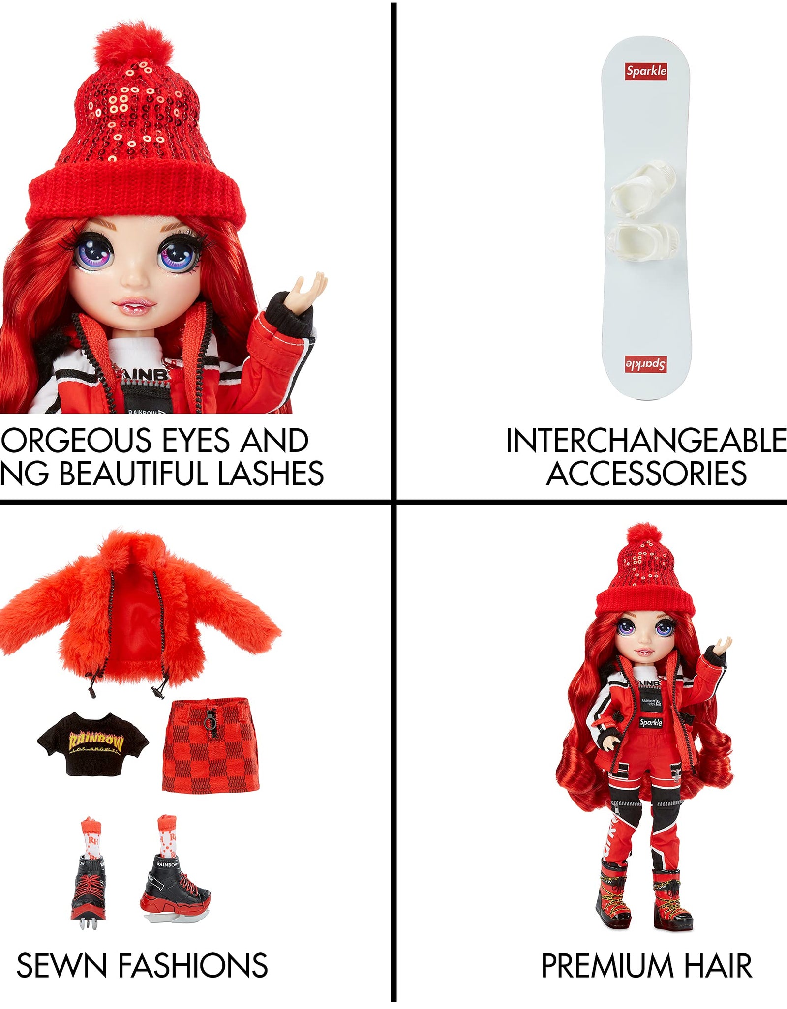 Rainbow High Winter Break Ruby Anderson – Red Fashion Doll and Playset with 2 Designer Outfits, Snowboard and Accessories, Gift for Kids and Collectors, Toys for Girls Ages 6 7 8+ to 12 Years Old