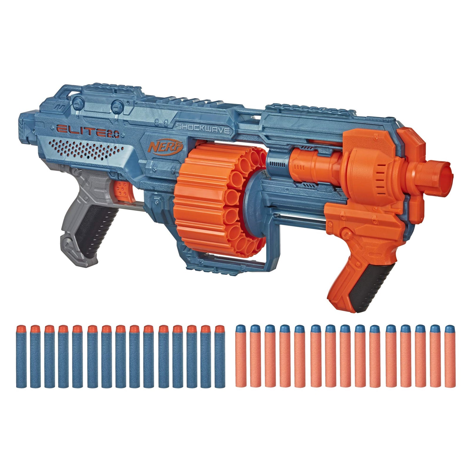 NERF Elite 2.0 Shockwave RD-15 Blaster, 30 Darts, 15-Dart Rotating Drum, Pump-Action Slam Fire, Built-in Customizing Capabilities