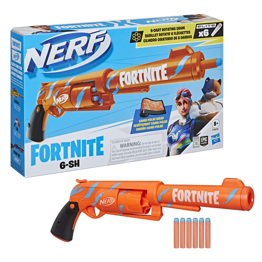 NERF Fortnite 6-SH Dart Blaster -- Camo Pulse Wrap, Hammer Action Priming, 6-Dart Rotating Drum, Includes 6 Official Elite Darts