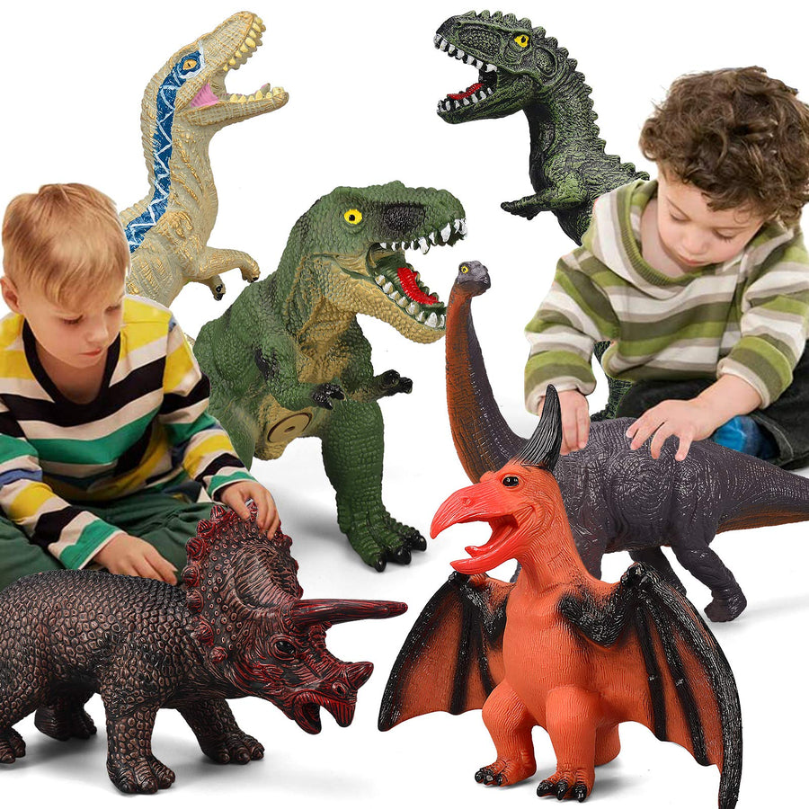 6 Piece Dinosaur Toys for Kids and Toddlers, Blue Velociraptor T-Rex Triceratops, Large Soft Dinosaur Toys Set for Dinosaur Lovers - Perfect Dinosaur Party Favors, Birthday Gifts
