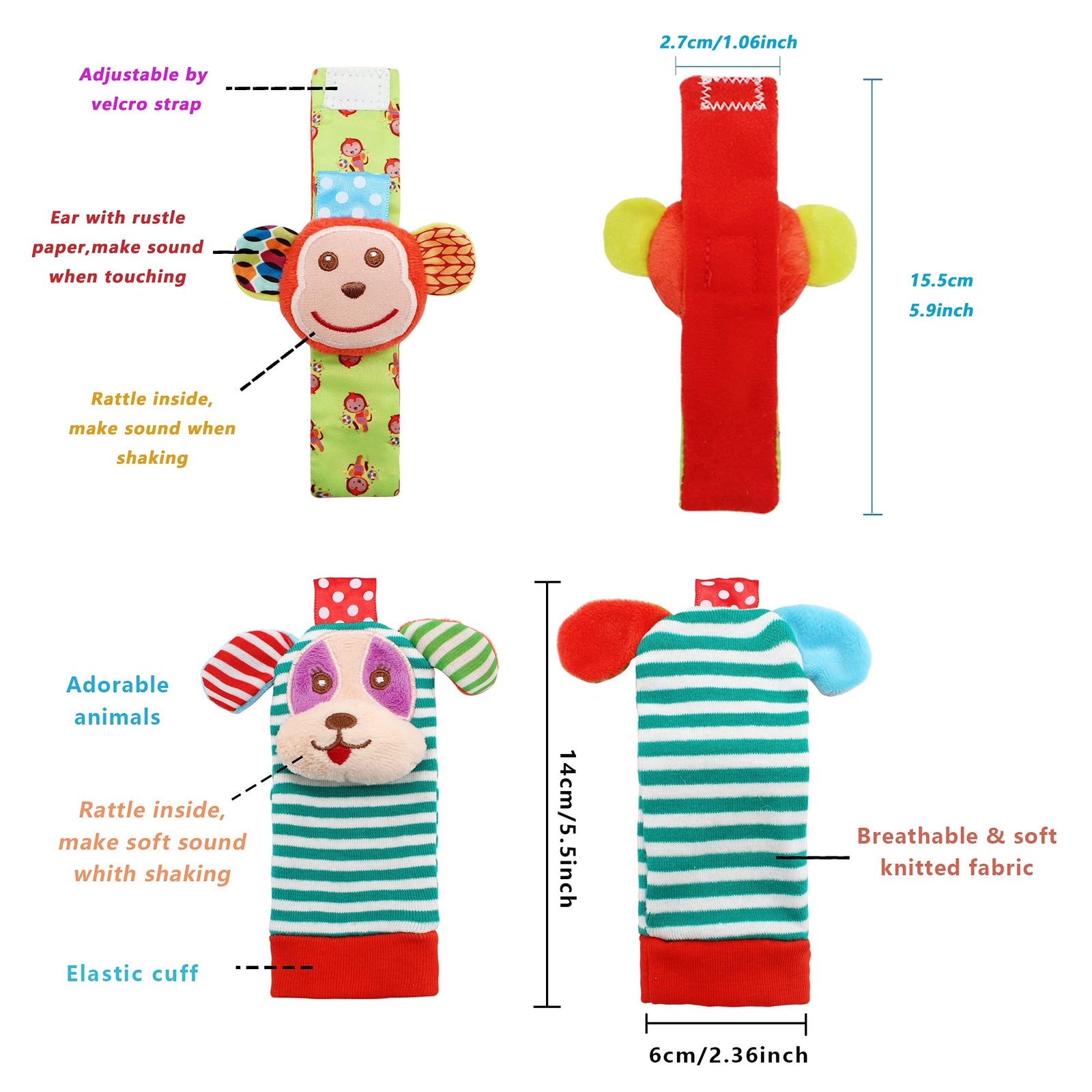 SSK Soft Baby Wrist Rattle Foot Finder Socks Set,Cotton and Plush Stuffed Infant Toys,Birthday Holiday Birth Present for Newborn Boy Girl 0/3/4/6/7/8/9/12/18 Months Kids Toddler,4 Cute Animals