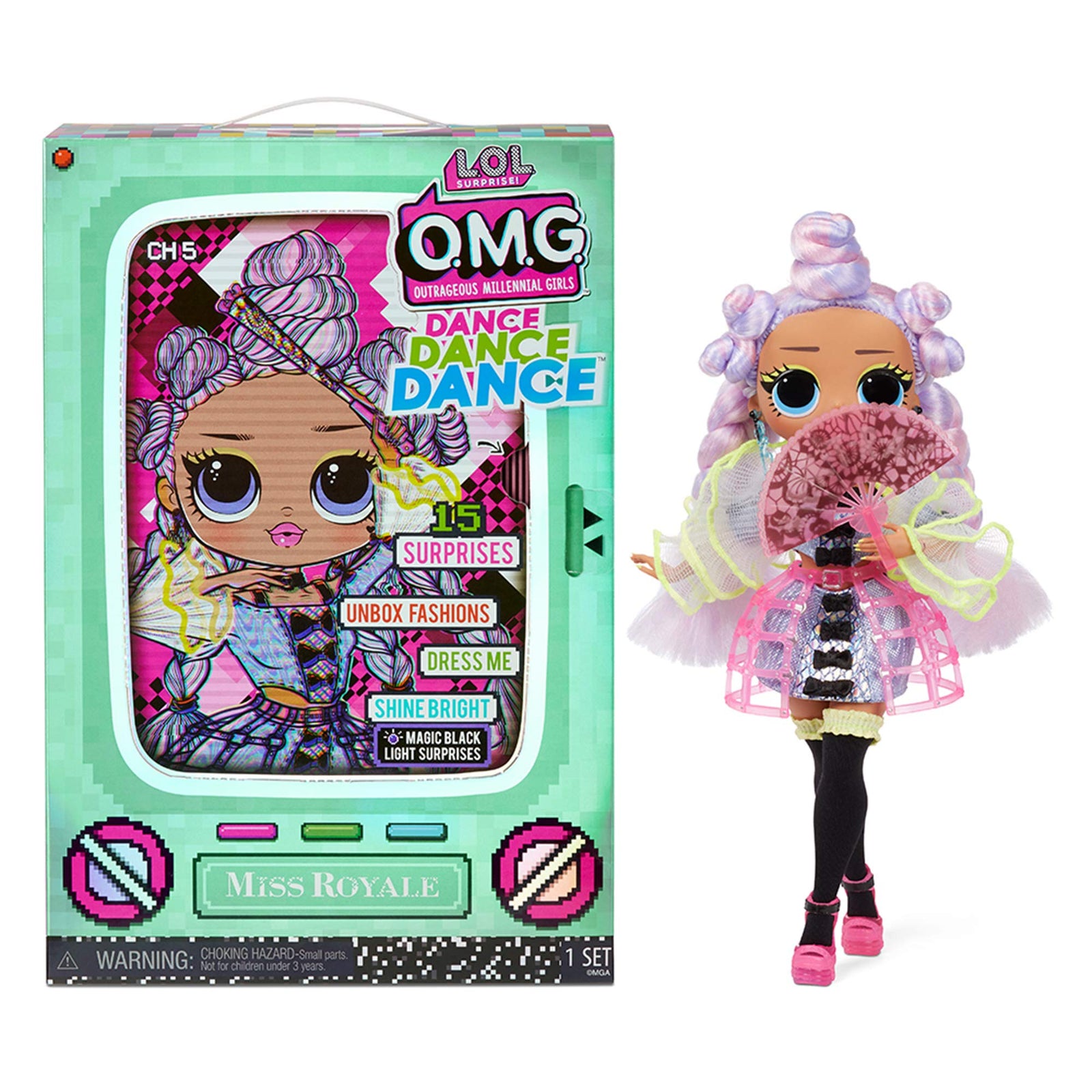 LOL Surprise OMG Dance Dance Dance Miss Royale Fashion Doll with 15 Surprises Including Magic Black Light, Shoes, Hair Brush, Doll Stand and TV Package - Great Gift for Girls Ages 4+