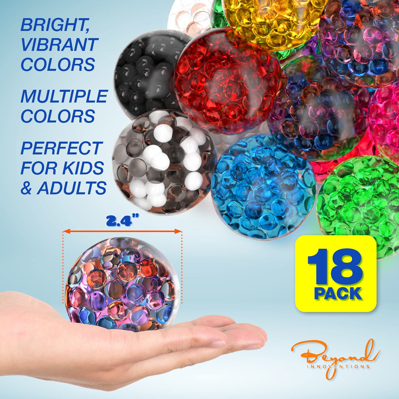 Stress Ball Set - 18 Pack - Stress Balls Fidget Toys for Kids and Adults - Sensory Ball, Squishy Balls with Colorful Water Beads,Anxiety Relief Calming Tool - Fidget Stress Toys for Autism & ADD/ADHD