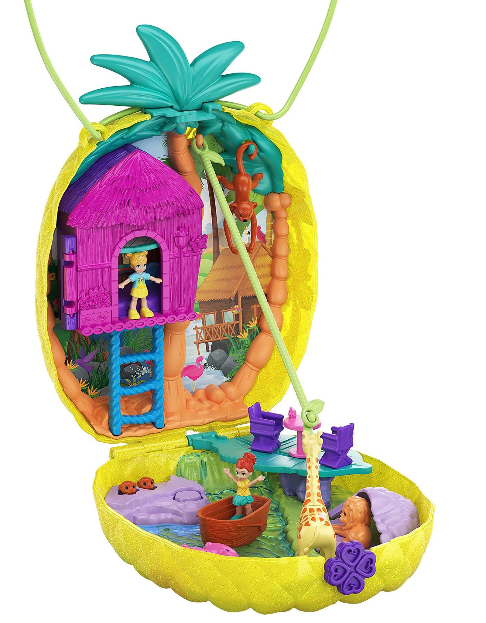 Polly Pocket Tropicool Pineapple Wearable Purse Compact with 8 Fun Features, Micro Polly and Lila Dolls, 2 Accessories and Sticker Sheet; for Ages 4 and Up
