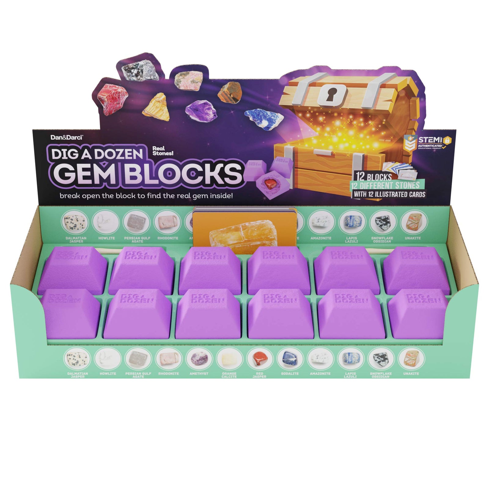 Dig a Dozen Gem Blocks - Break Open 12 Unique Gemstone Blocks and Discover 12 Real Precious Stones - Mineral & Rock Collection for Kids - Archaeology Geology Science Gift for Boys & Girls