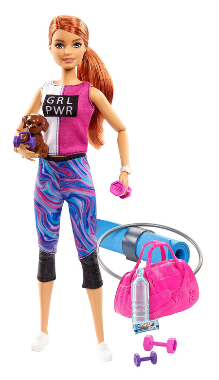 Barbie Fitness Doll, Red-Haired, with Puppy and 9 Accessories, Including Yoga Mat with Strap, Hula Hoop and Weights, Gift for Kids 3 to 7 Years Old