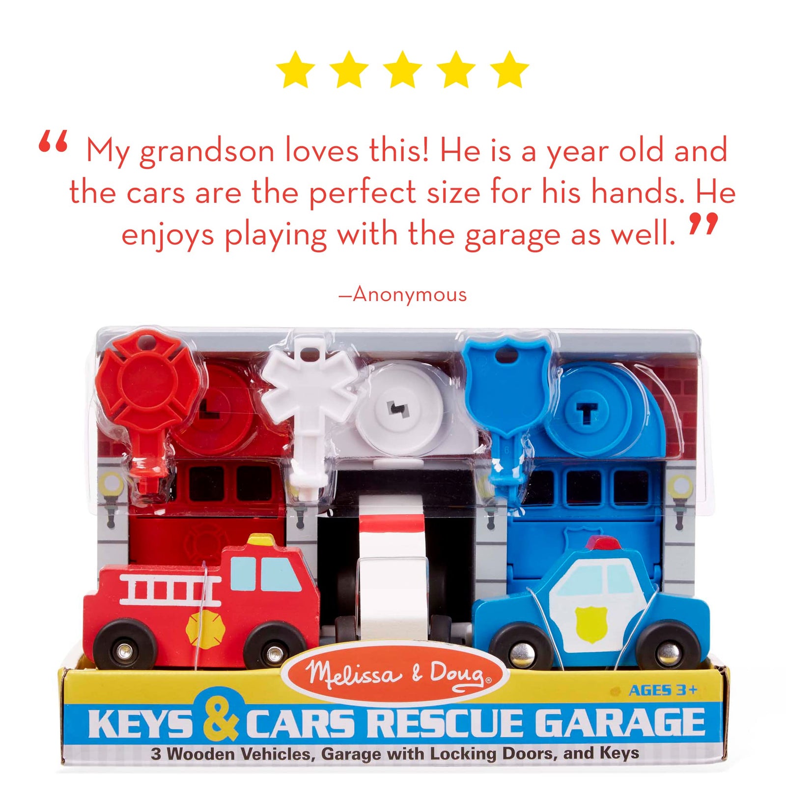 Melissa & Doug Toy Keys and Cars Wooden Rescue Vehicles and Garage (7 pcs) Red