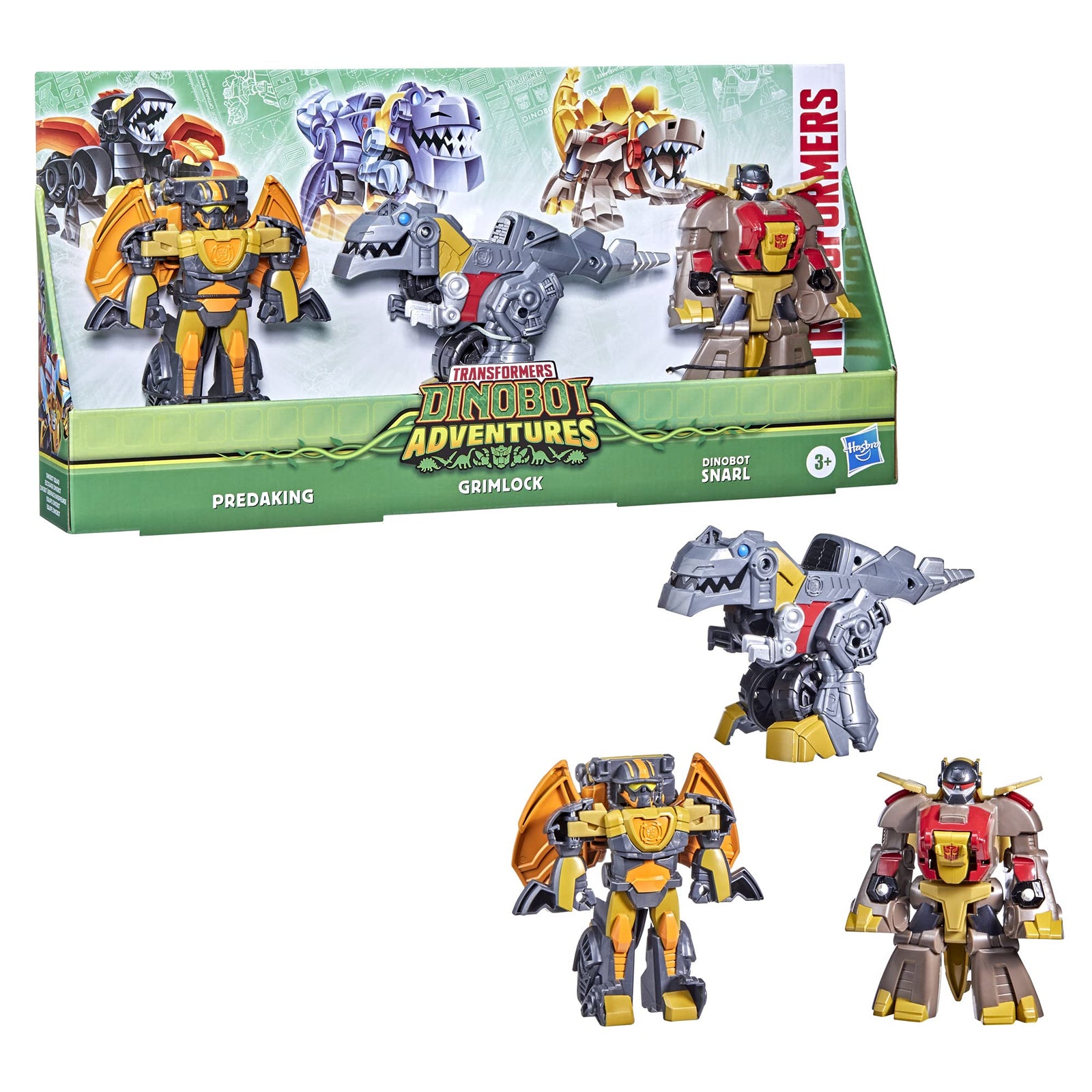 Transformers Dinobot Adventures Dinobot Squad Grimlock, Dinobot Snarl, and Predaking 3-Pack Converting Figures, 4.5-Inch Toys, Ages 3 and Up