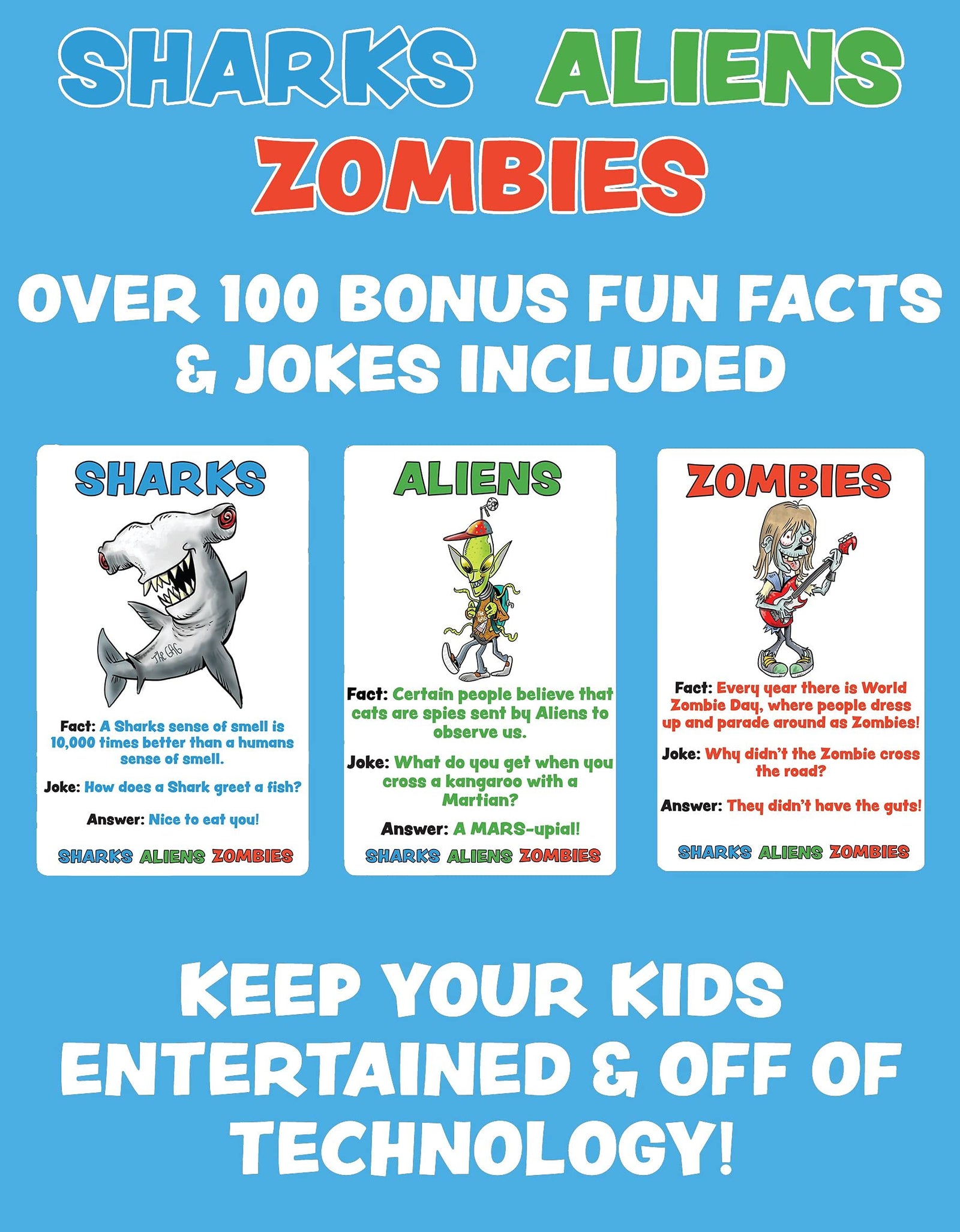Sharks Aliens Zombies: Fun Card Game for Kids Played Like Rock Paper Scissors War for Boys Girls Family Game Night Gift Giving
