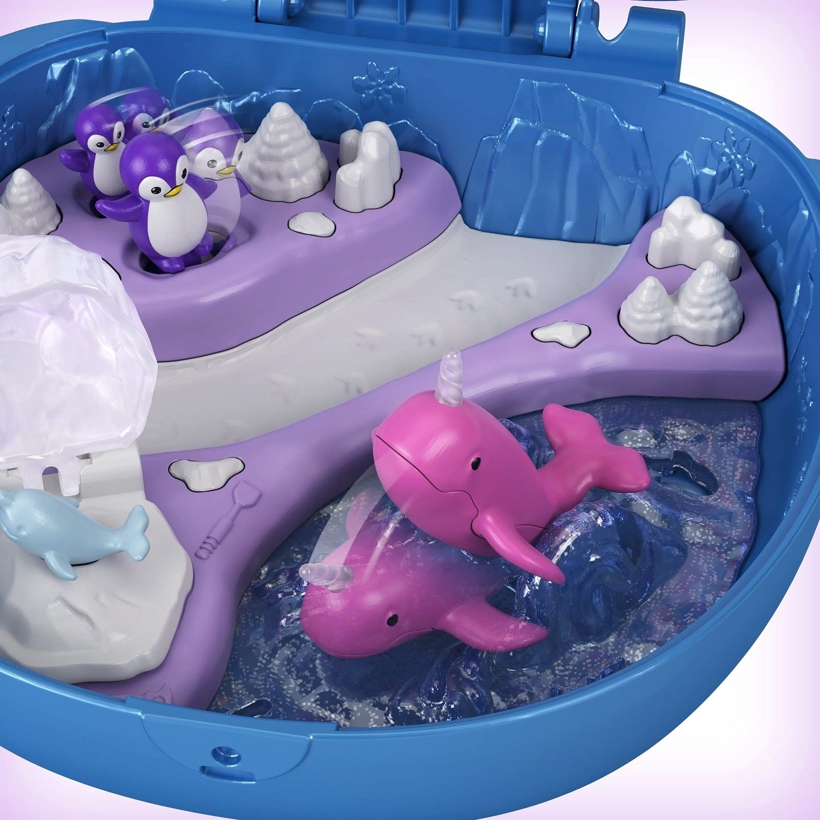 Polly Pocket Freezin' Fun Narwhal Compact with Fun Reveals, Micro Polly and Lila Dolls, Husky Dog & Sled, Polar Bear Figure & Sticker Sheet; for Ages 4 Years Old & Up