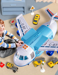 TEMI Mist Spay Storage Transport Plane Cargo with 6 Free Wheel Diecast Construction Vehicles and Playmat, Kids Toy Jet Aircraft with Lights & Sounds for 3 4 5 6 Years Old Boys and Girls
