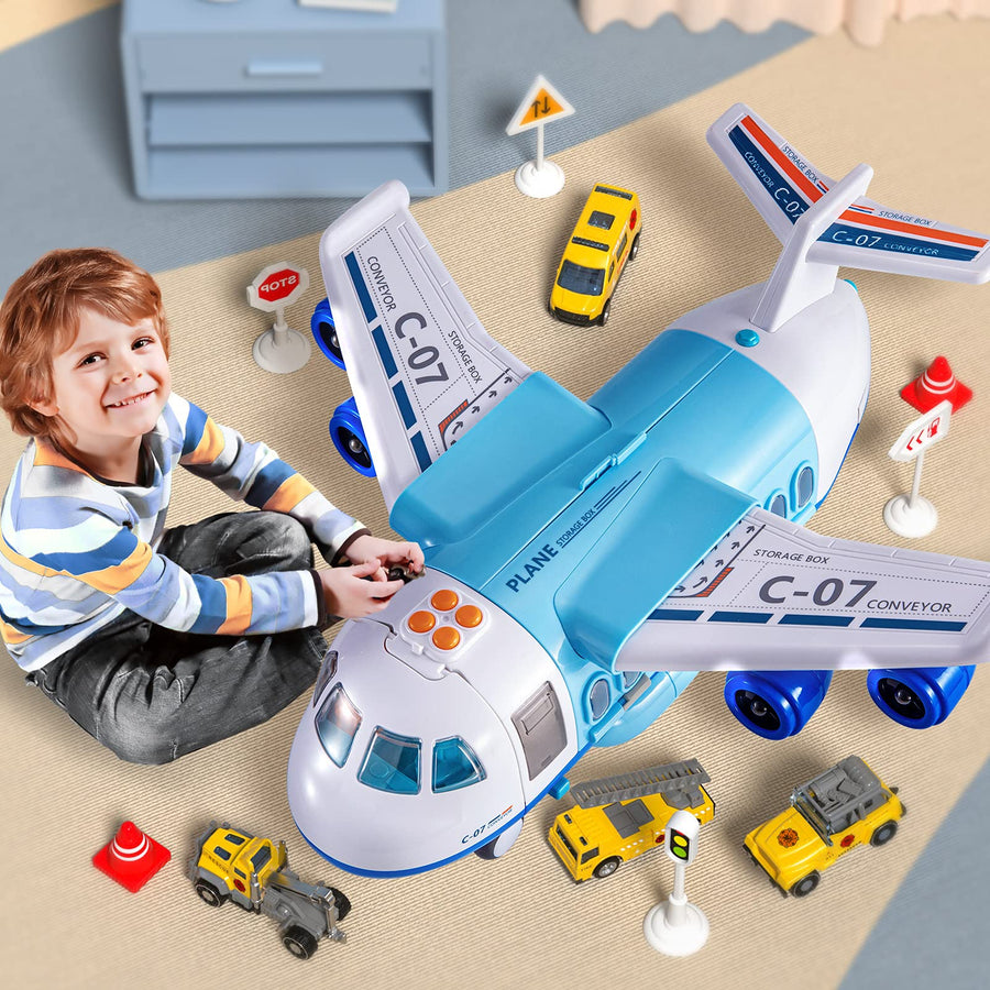 TEMI Mist Spay Storage Transport Plane Cargo with 6 Free Wheel Diecast Construction Vehicles and Playmat, Kids Toy Jet Aircraft with Lights & Sounds for 3 4 5 6 Years Old Boys and Girls