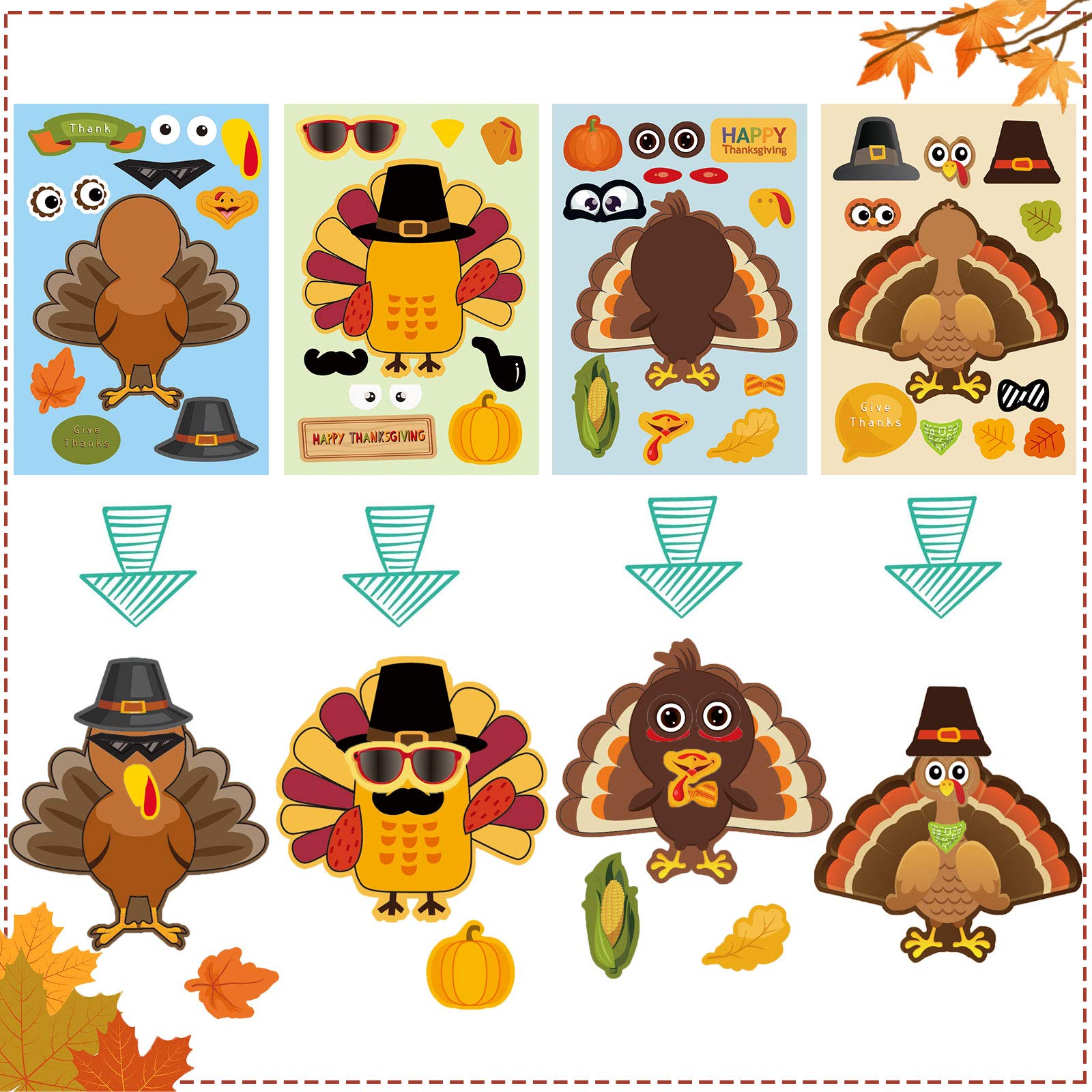 Make-A-Turkey Stickers Thanksgiving Party Favors Supplies 368pcs-DIY Stickers for Kids Turkey Games Crafts Stickers Autumn Fall Harvest Halloween Thanksgiving Decorations 32 Sheets