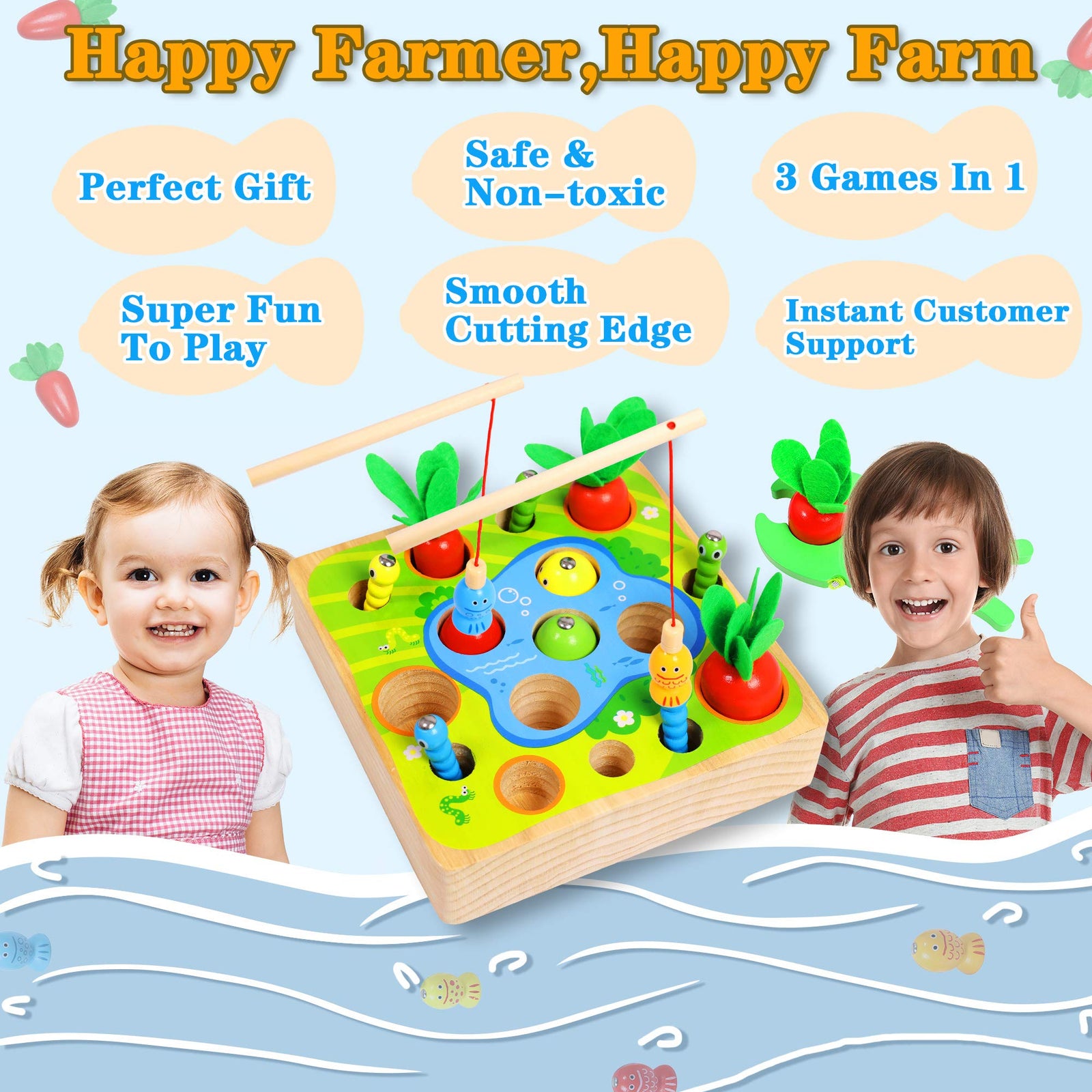 Toys for 1 Year Old Boy Montessori Toys for Toddlers Sensory Education Wooden Toys for 1 2 3 Year Old Babies Gifts for Christmas Birthday Kids Boys & Girls Fishing Games Carrot Harvest Catching Worm