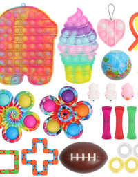 Fidget Poppers Toy Sets Pop Fidgets Packs Sensory Toys, Big Medium and Mini Push pop, Fidget Spinners, Stretchy String, Wacky Tracks, Squishy Toys, Spiky Sensory Rings, mesh and Marble(25 Packs)
