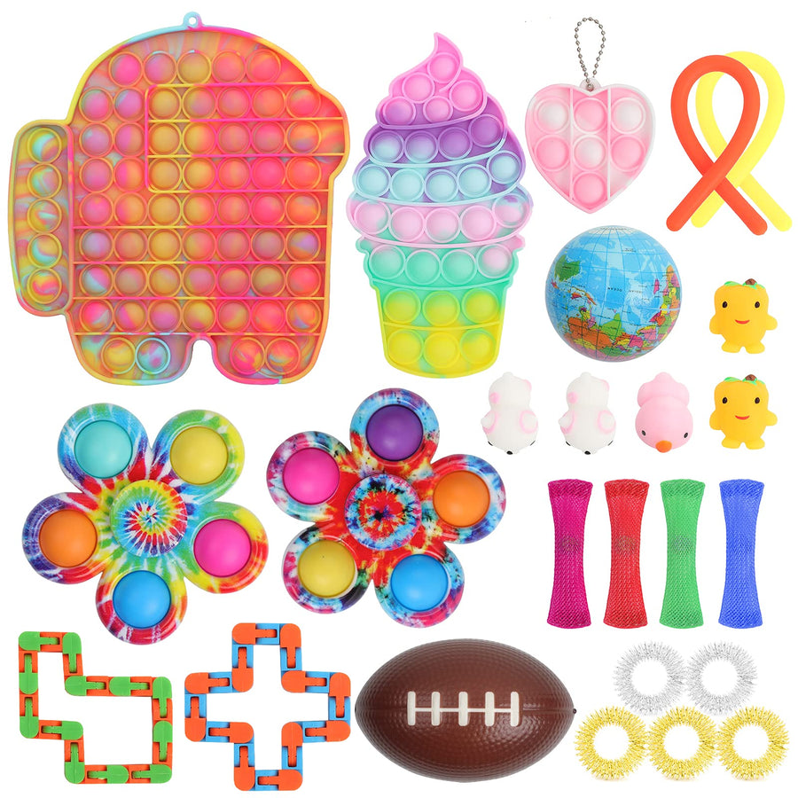 Fidget Poppers Toy Sets Pop Fidgets Packs Sensory Toys, Big Medium and Mini Push pop, Fidget Spinners, Stretchy String, Wacky Tracks, Squishy Toys, Spiky Sensory Rings, mesh and Marble(25 Packs)