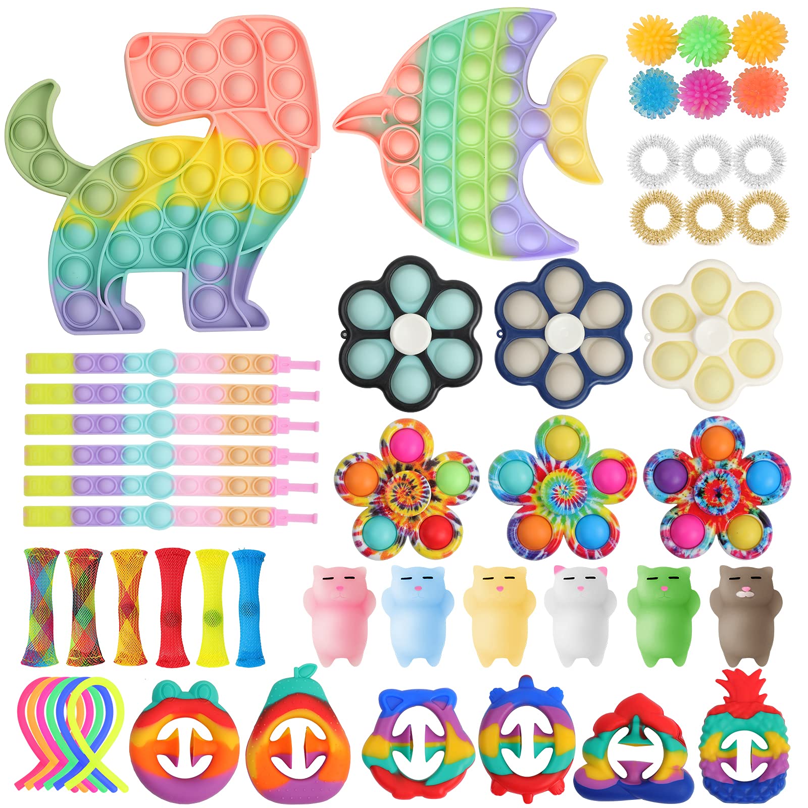 Sensory Fidget Toy Set Packs for Kids, 50 Pcs Fidget Box Including Push pop, Fidget Spinners, mesh and marble, silicone grip strength trainer toy, spiky sensory rings, squishy toy, Pop Fidget Bracelet