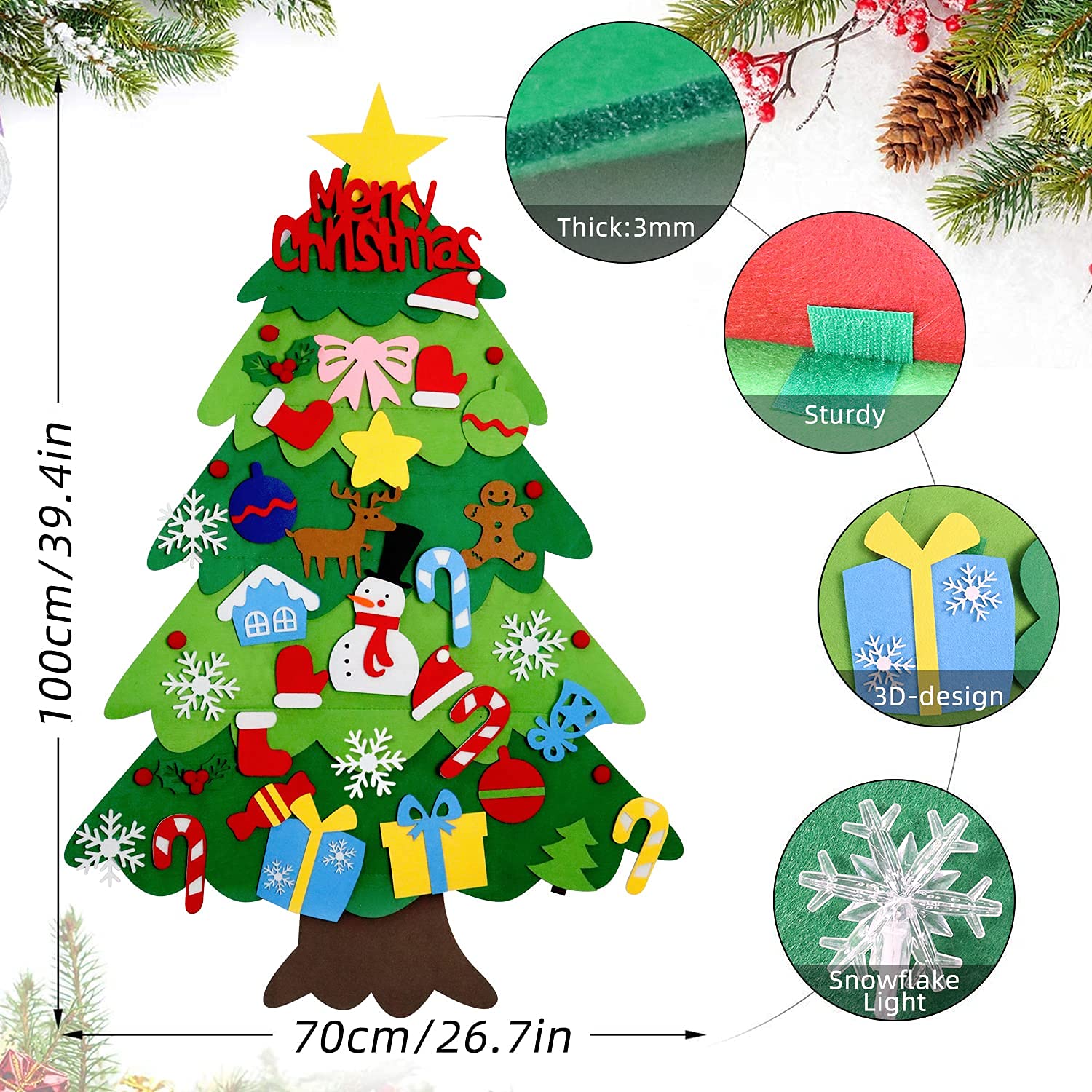 Felt Christmas Tree for Kids Wall, Felt Christmas Tree for Toddlers with Snowflake Lights + 32 Ornaments, DIY Felt Tree Set Xmas Christmas Decorations, Kids Toddler Christmas Gifts