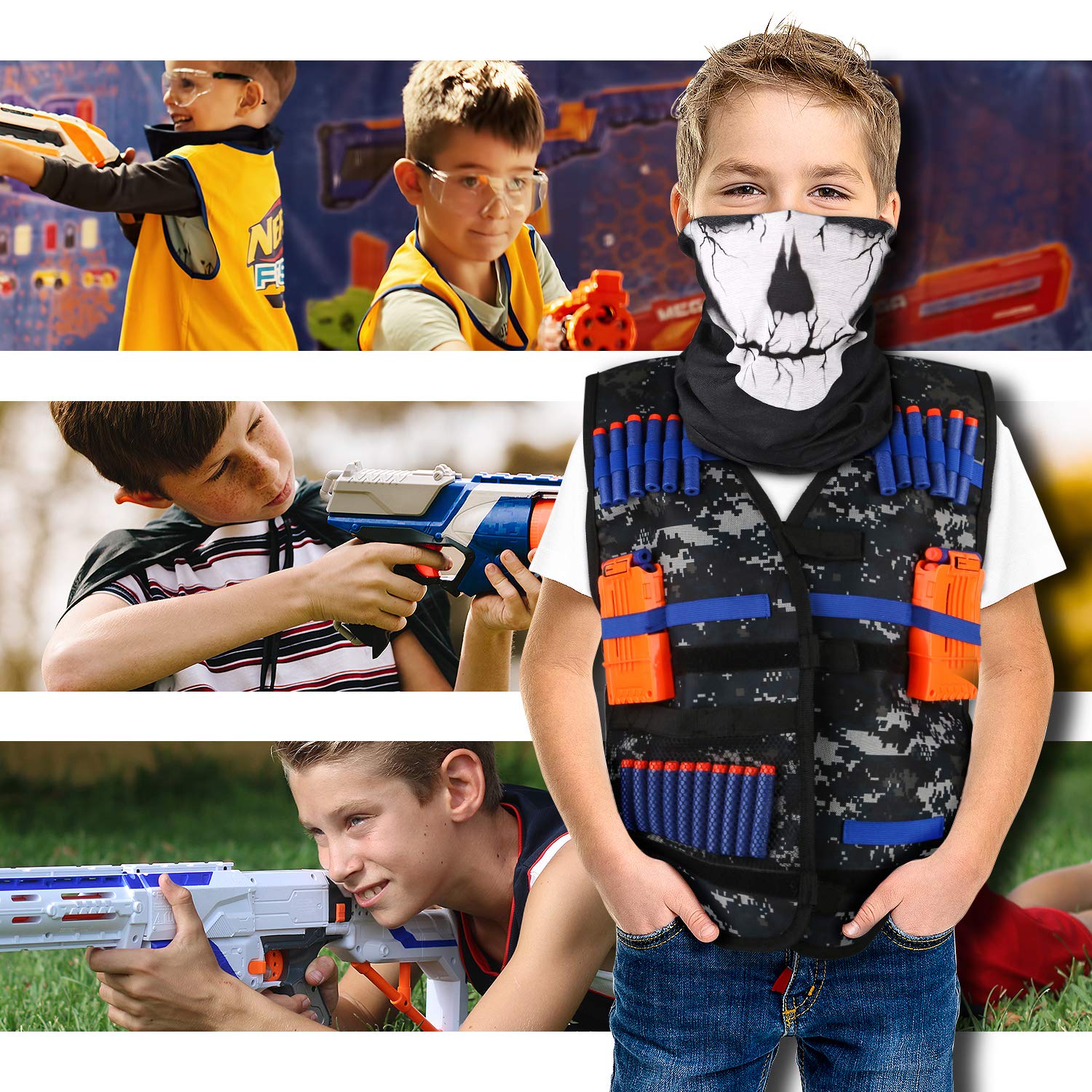 Kids Tactical Vest Kit for Nerf Guns Series with Refill Darts,Dart Pouch, Reload Clips, Tactical Mask, Wrist Band and Protective Glasses,Nerf Vest Toys for 4 5 6 7 8 9 10 11 12 Year Boys(2 Pack)