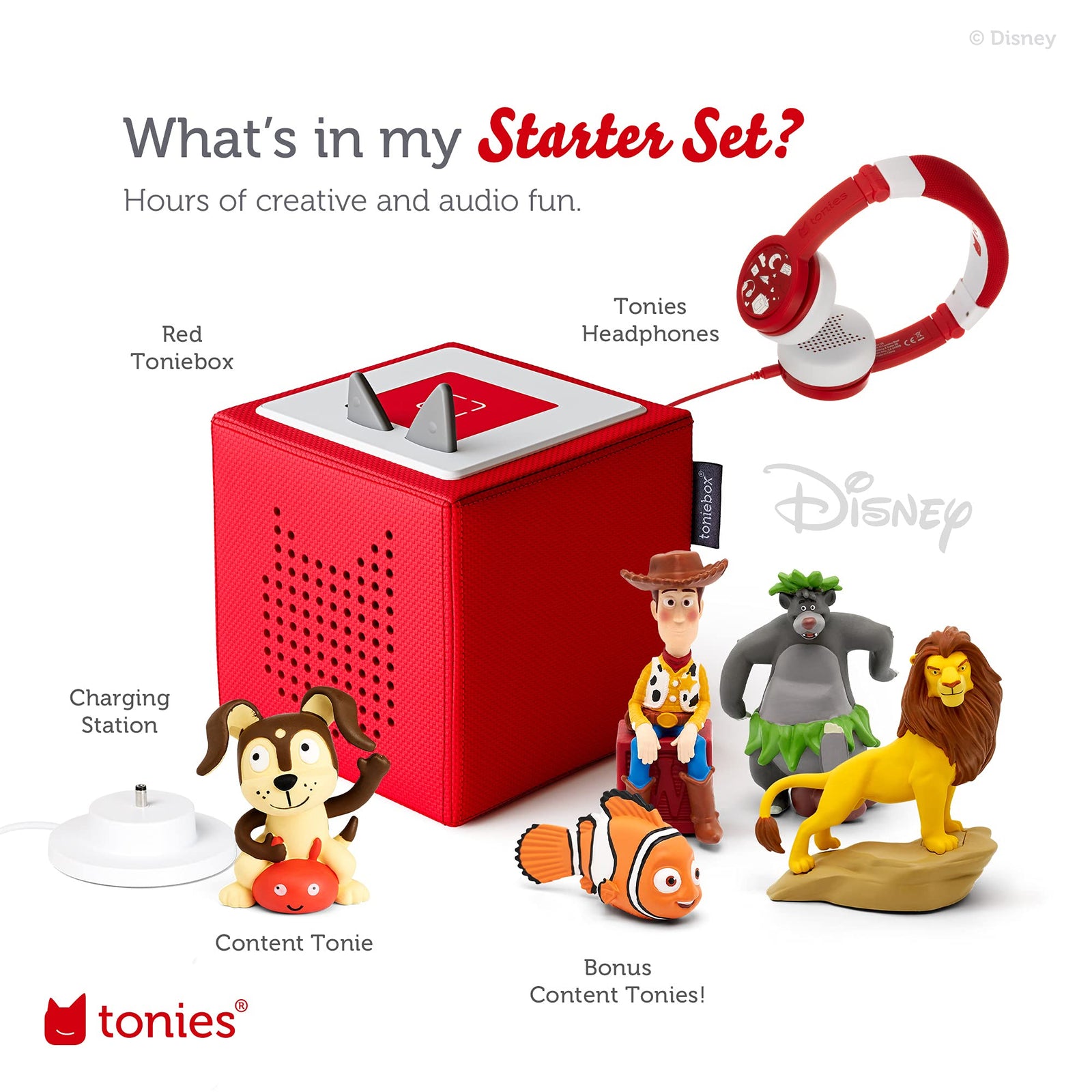 Toniebox Audio Player Starter Set with Woody, Simba, Nemo, Baloo, Playtime Puppy, and Foldable Headphones Imagination Building, Screen-Free Digital Listening Experience for Stories & Music - Red