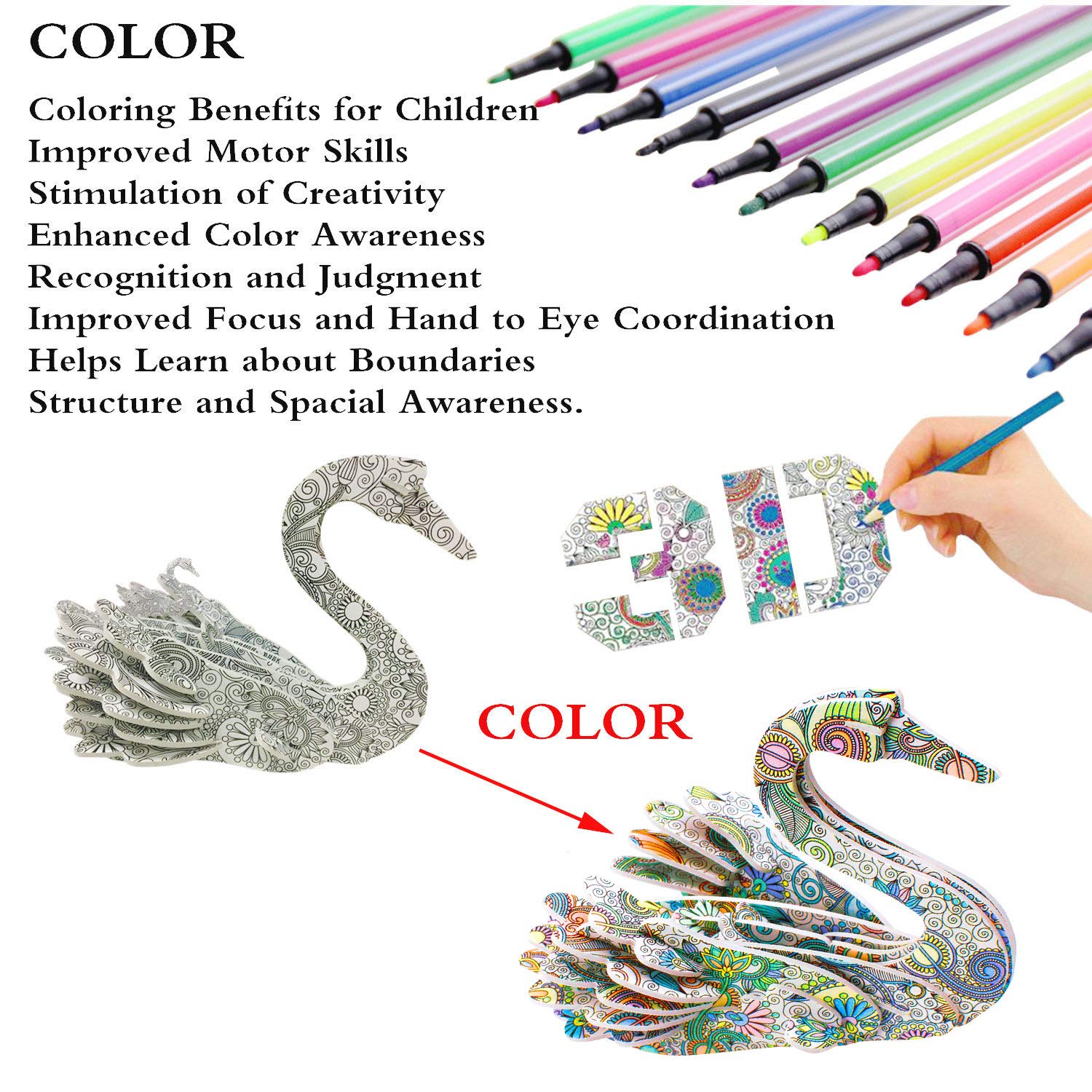KAZOKU 3D Coloring Puzzle Set,4 Animals Puzzles with 12 Pen Markers, Art Coloring Painting 3D Puzzle for Kids Age 7 8 9 10 11 12. Fun Creative DIY Toys Gift for Girls and Boy