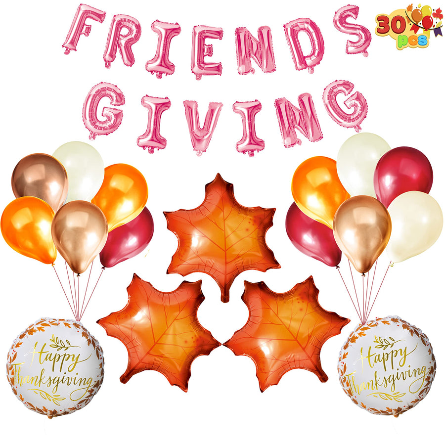 JOYIN 30 Pcs Thanksgiving Party Decoration Set Includes Pink FRIENDGIVING Foil Banner, 3 Large Maple Leaf Balloons, 2 Combo and 12 Latex Balloons Hanging Decoration Fall Holiday Decor Party Supplies