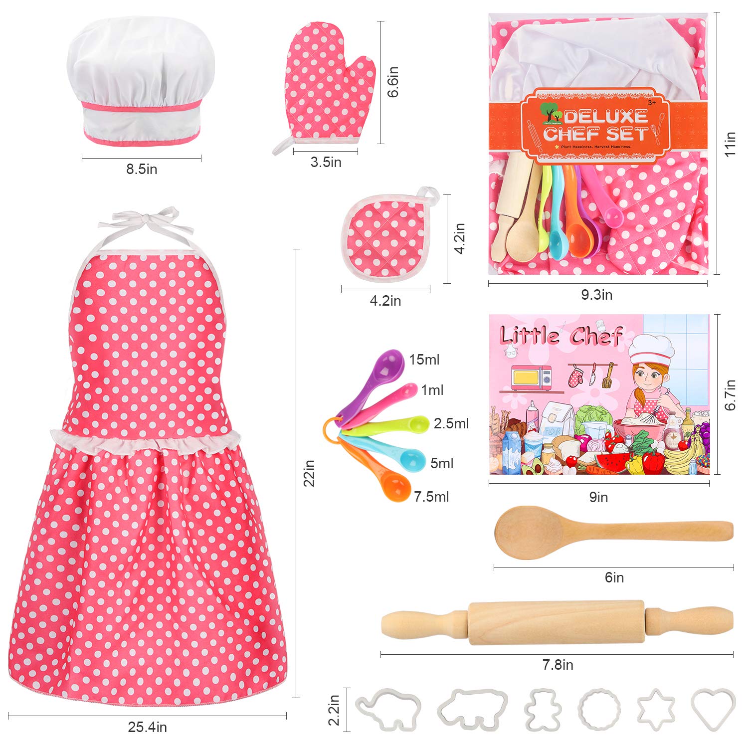 Kids Cooking Baking Set 17Pcs, Kids Chef Role Play Costume Set - Chef Hat and Matching Pink Apron Children Dress up Pretend Gift for 3 4 5 6 7 8 Year Old Girls Toys