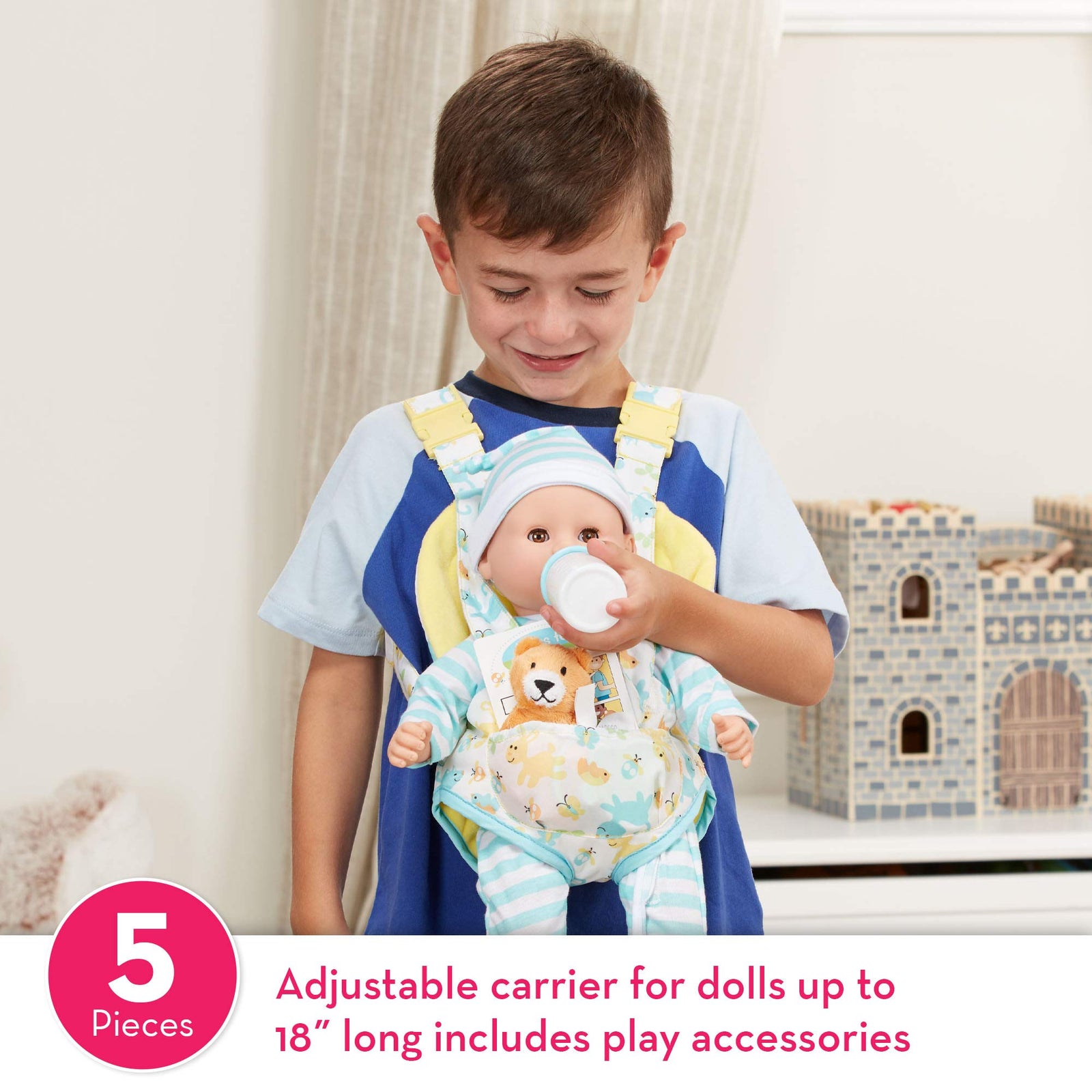 Melissa & Doug Mine to Love Carrier Play Set for Baby Dolls with Toy Bear, Bottle, Rattle, Activity Card