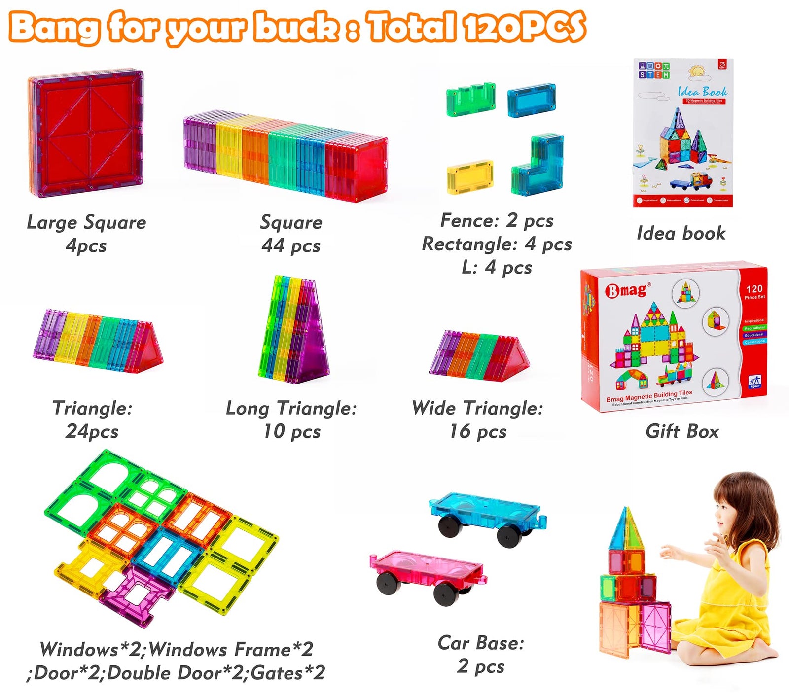 BMAG 120 PCS Magnetic Building Blocks, 3D Magnet Building Tiles, STEM Construction Building Set, Stacking Toys with 2 Car