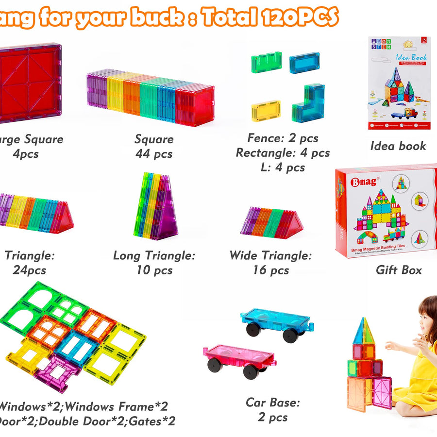 BMAG 120 PCS Magnetic Building Blocks, 3D Magnet Building Tiles, STEM Construction Building Set, Stacking Toys with 2 Car