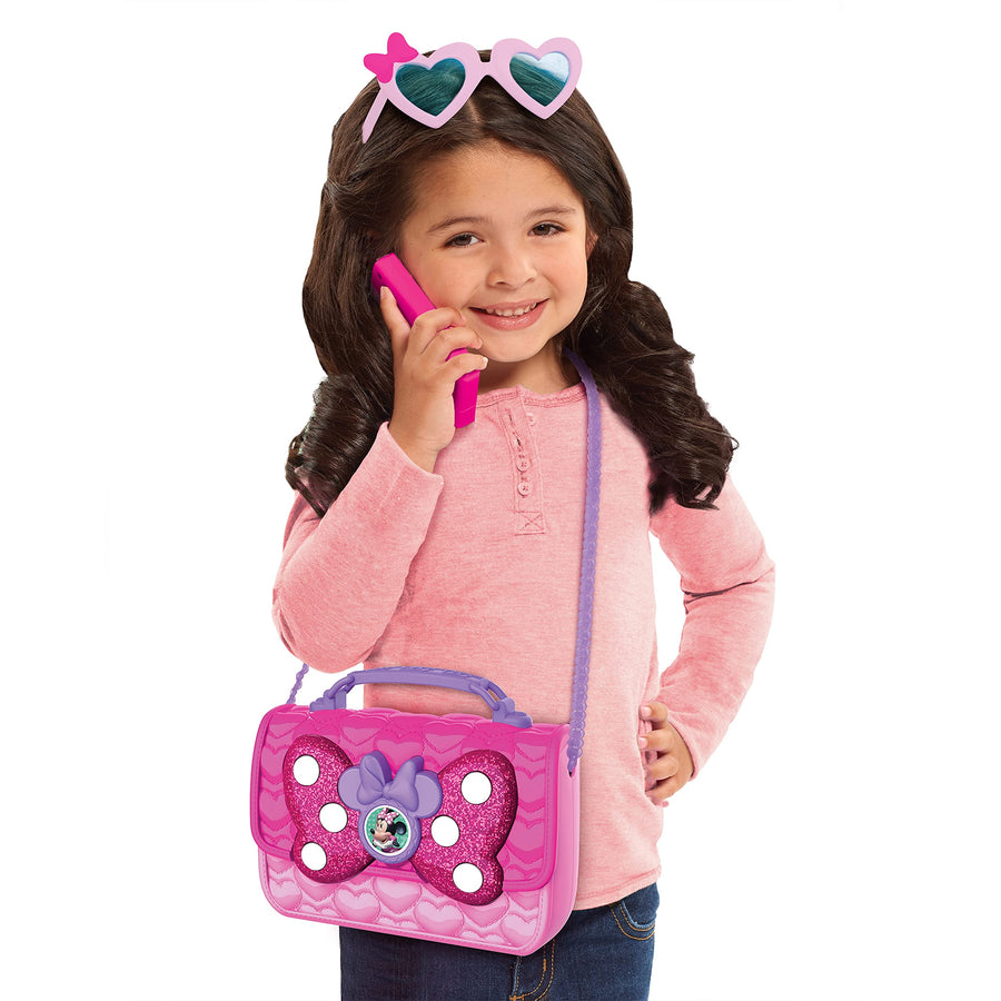 Disney Junior Minnie Mouse Bowfabulous Bag Set, 9 Piece Pretend Play Purse with Lights and Sounds Cell Phone, Sunglasses, and Accessories, by Just Play