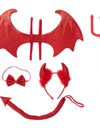 Spooktacular Creations 5 Pieces Halloween Devil Costume Set with Red Devil Wings, Devil Pitchfork, Bow Tie, Sequin Devil Horn Headband, and Devil Tail Demon Costume Accessories for Cosplay Party
