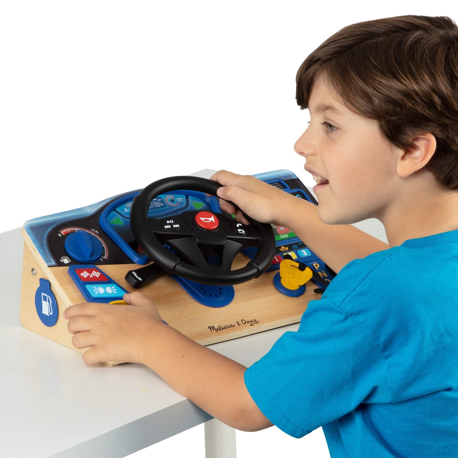 Melissa & Doug Vroom & Zoom Interactive Wooden Dashboard Steering Wheel Pretend Play Driving Toy