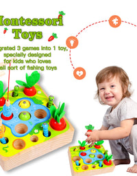 Toys for 1 Year Old Boy Montessori Toys for Toddlers Sensory Education Wooden Toys for 1 2 3 Year Old Babies Gifts for Christmas Birthday Kids Boys & Girls Fishing Games Carrot Harvest Catching Worm
