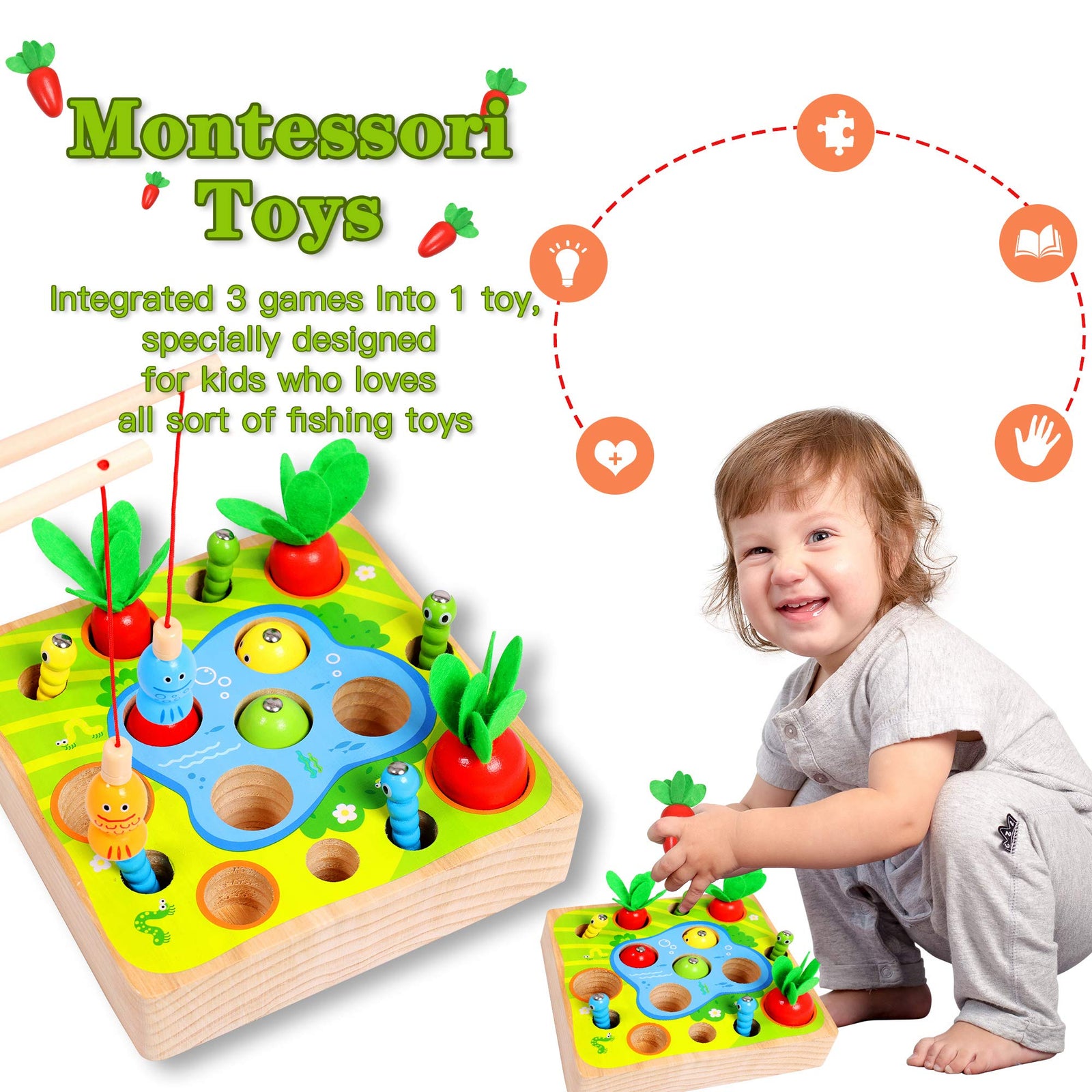 Toys for 1 Year Old Boy Montessori Toys for Toddlers Sensory Education Wooden Toys for 1 2 3 Year Old Babies Gifts for Christmas Birthday Kids Boys & Girls Fishing Games Carrot Harvest Catching Worm