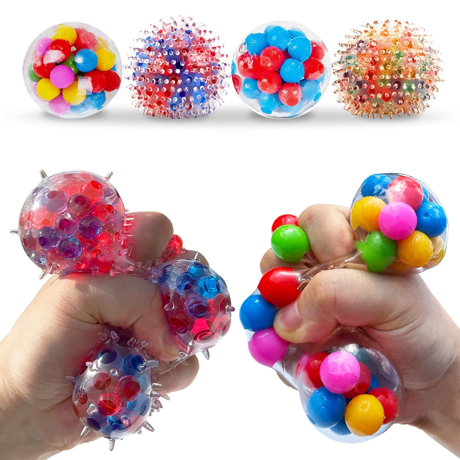 Stress Balls for Kids and Adults 4 squishies Balls Water Bead Stress Balls Sensory Ball Squeezing Ball Squishy Ball Toys Set for Anxiety Autism ADHD and More