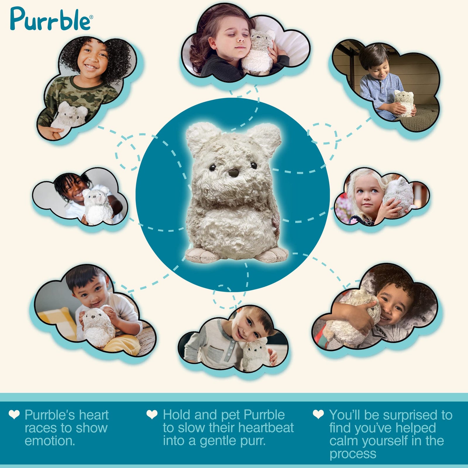 Purrble - Calming Toy Companion with Dynamic Heartbeat and Soothing Purr - Interactive Plush Companion for All Ages - Stuffed Animal Doll for Emotion Regulation - Cuddle and Pet Plushies