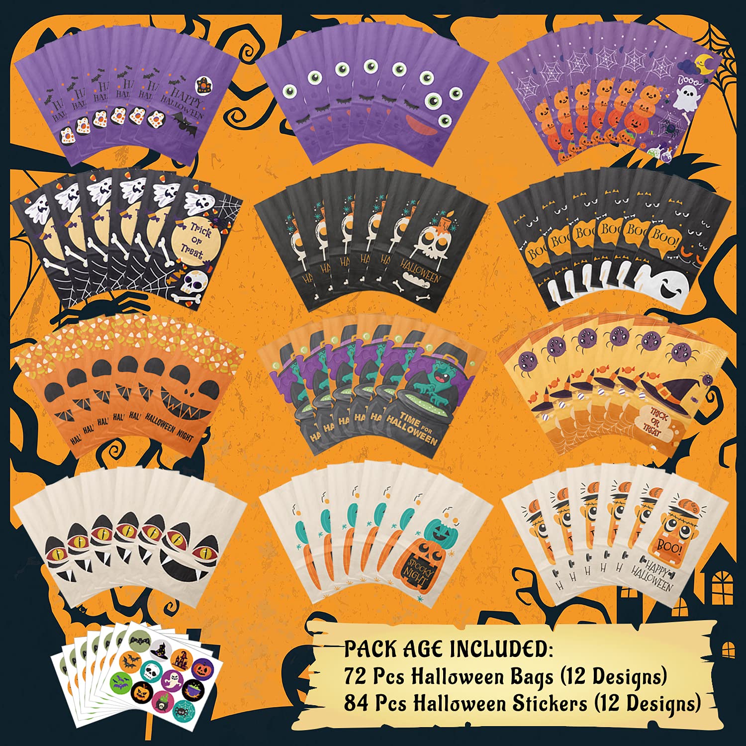 MOORAY Halloween Treat Bags , 72PCS Kids Halloween Candy Bags Trick or Treating with 84 Pcs Halloween Stickers , Paper Gift Bags for Treats Snacks ,Halloween Party Favors Goodie Bags Party Supplies