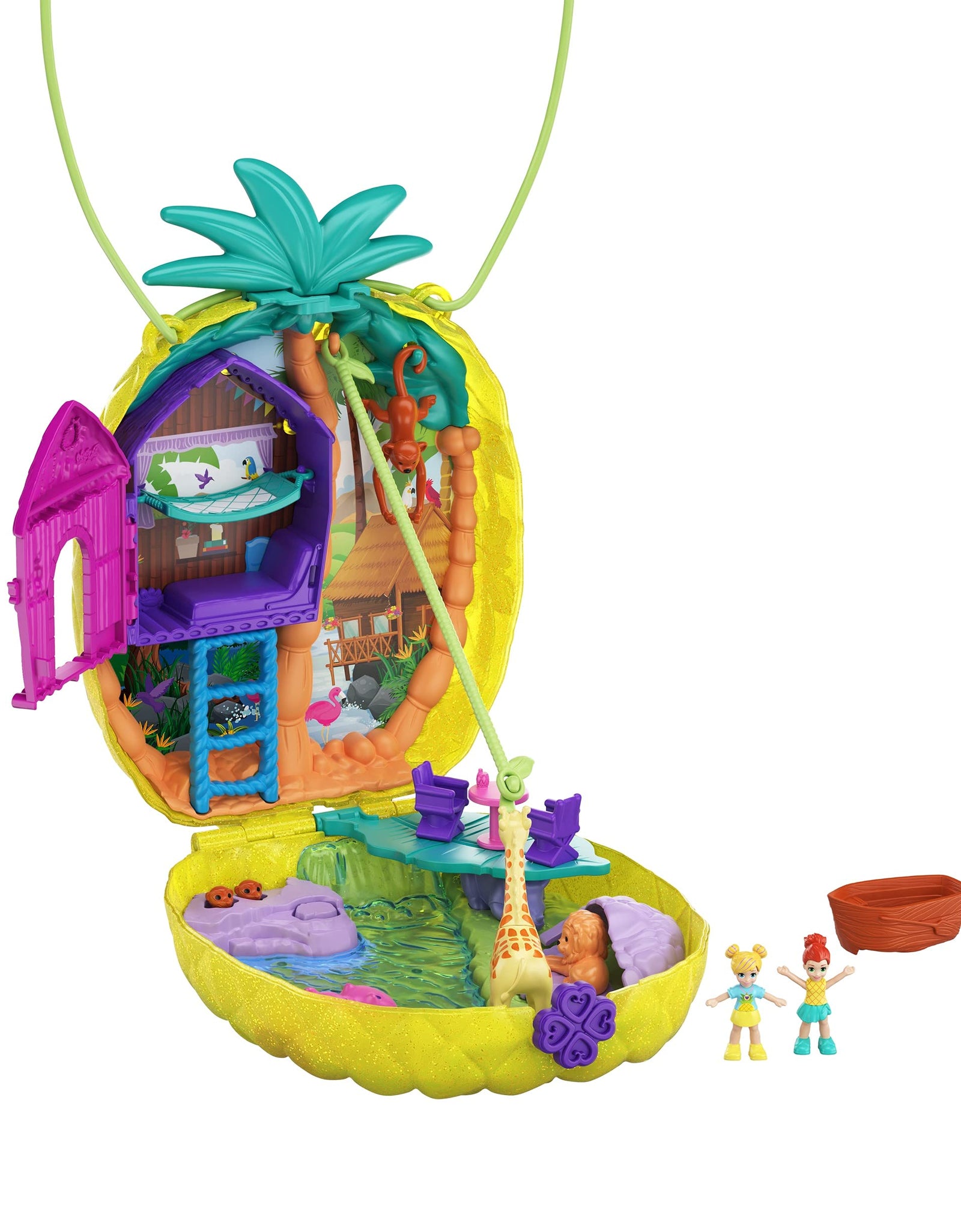 Polly Pocket Tropicool Pineapple Wearable Purse Compact with 8 Fun Features, Micro Polly and Lila Dolls, 2 Accessories and Sticker Sheet; for Ages 4 and Up