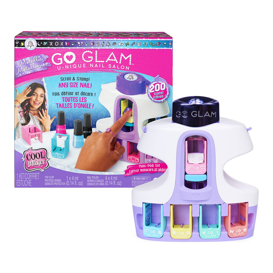 Cool Maker, GO Glam Amazon Exclusive U-nique Metallic Nail Salon with Portable Stamper, 5 Shimmer Design Pods and 4 Polish, Nail Kit for Ages 8 and up
