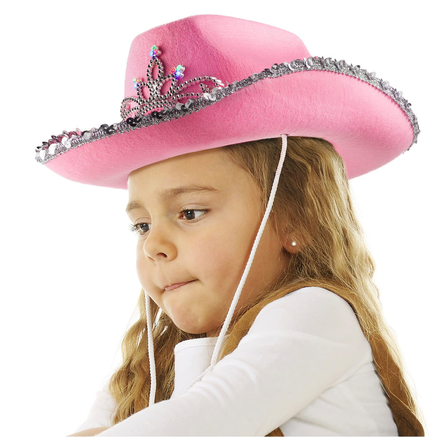 Light-Up Pink Kids Cowgirl Hat - (Pack of 2) Little Child Blinking Cowgirl Hats with Tiara and Neck Drawstring - Felt Cowboy Costume Accessories for Small Kids Party Hat and Play Dress-Up