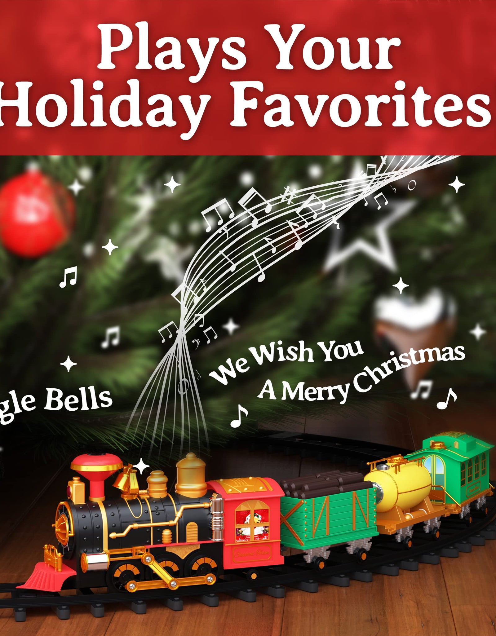 Christmas Steam Train Toy - Electric Train Set for Around Christmas Tree and Kids with Real Smoke, Music, & Lights Xmas Trains