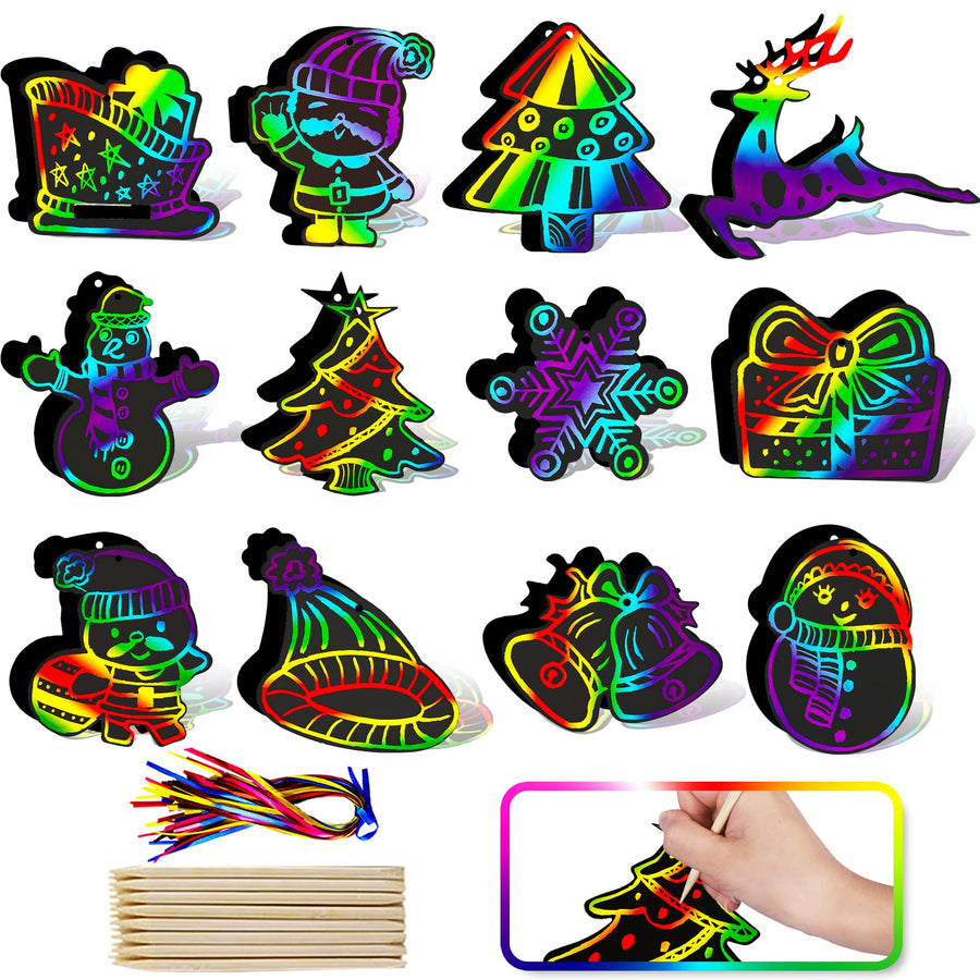 Max Fun Rainbow Color Scratch Christmas Ornaments (48 Counts) - Magic Scratch Off Cards Paper Hanging Art Craft Supplies Educational Toys Kit with 48 PCS Drawing Sticks & Cords for Kids Party Favors