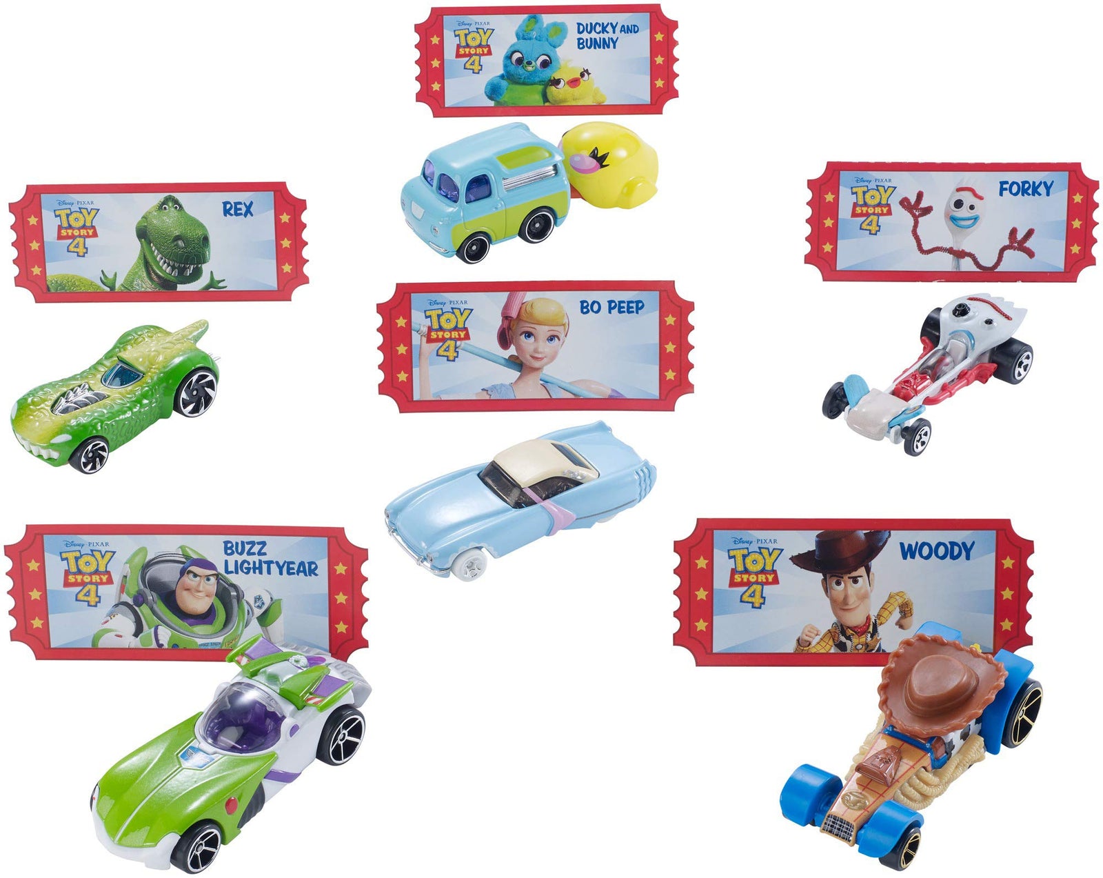 Disney and Pixar Toy Story 4 Character Cars by Hot Wheels 1:64 Scale Woody, Buzz Lightyear, Bo Peep, Forky, Ducky and Bunny, and Rex Ages 3 And Up [Amazon Exclusive]