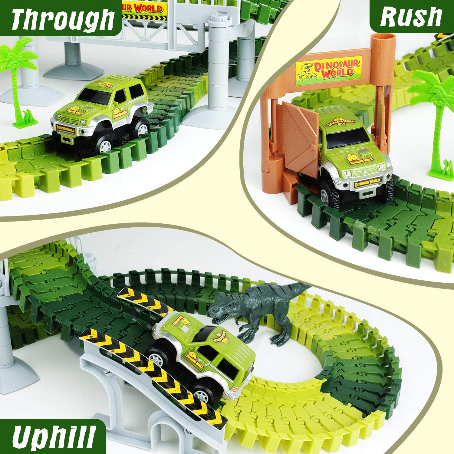 AUUGUU Kids Dinosaur Race Car Track with Flexible Track, Dino Toys, Bridge, Ramps and 2 Race Car Toys – Prehistoric Race Track for Kids Age 3-5