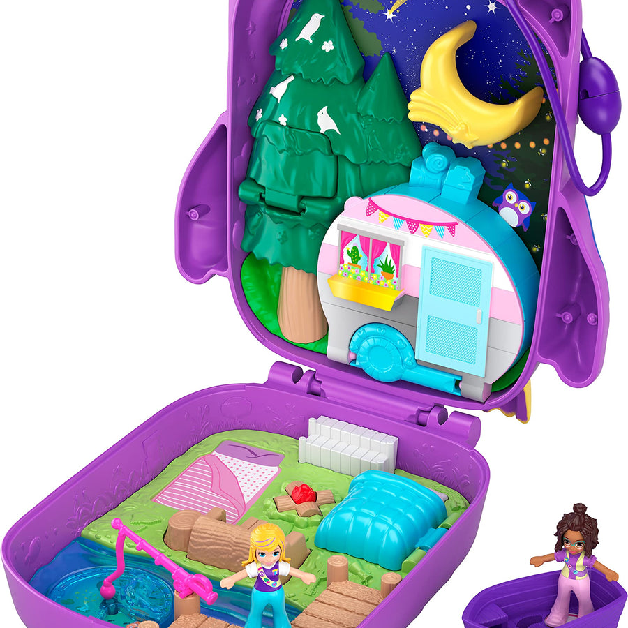 Polly Pocket Pocket World Owlnite Campsite Compact with Fun Reveals, Micro Polly and Shani Dolls, Boat and Sticker Sheet for Ages 4 and Up [Amazon Exclusive]