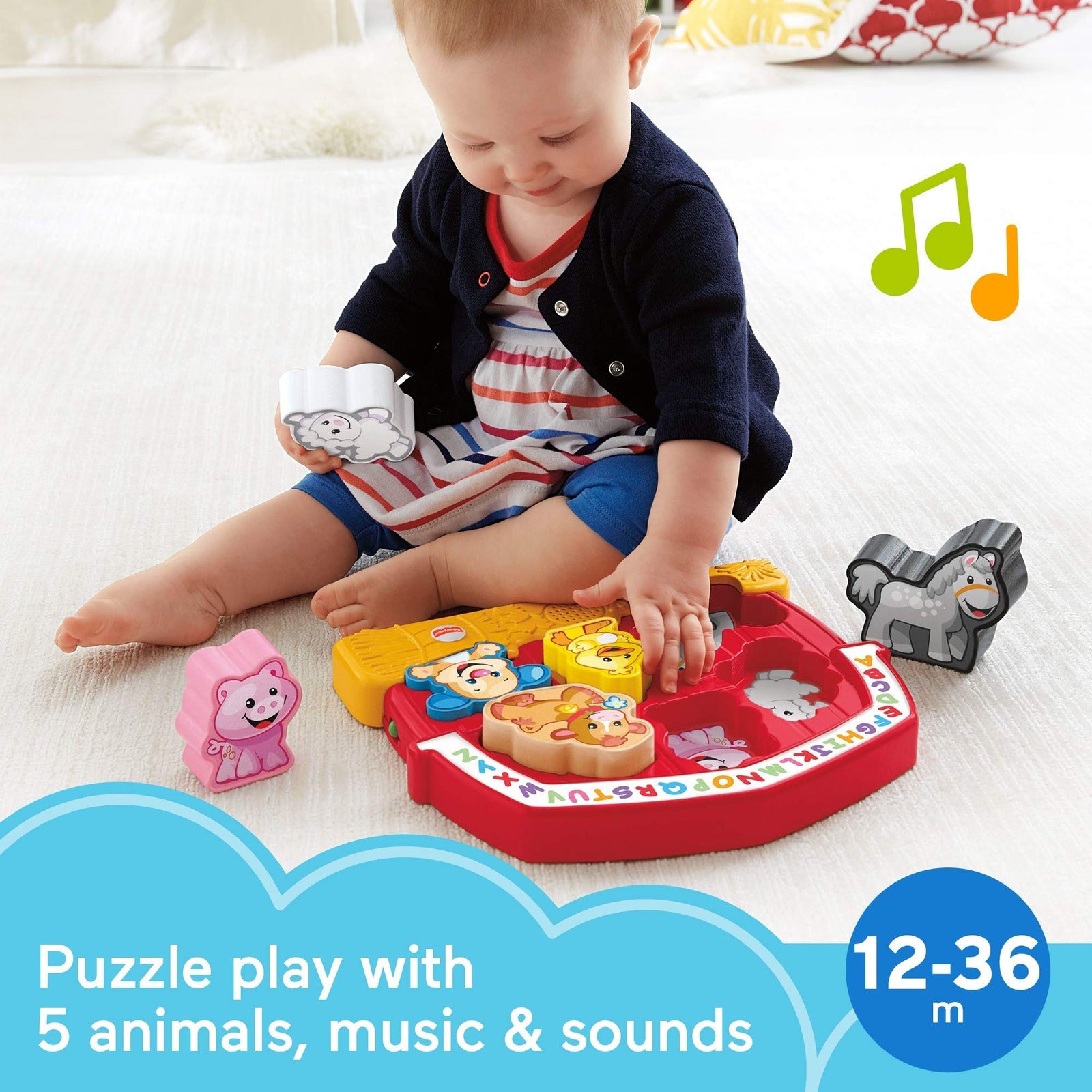 Fisher-Price Laugh & Learn Farm Animal Puzzle, electronic shape sorting toy with music and animal sounds , Red