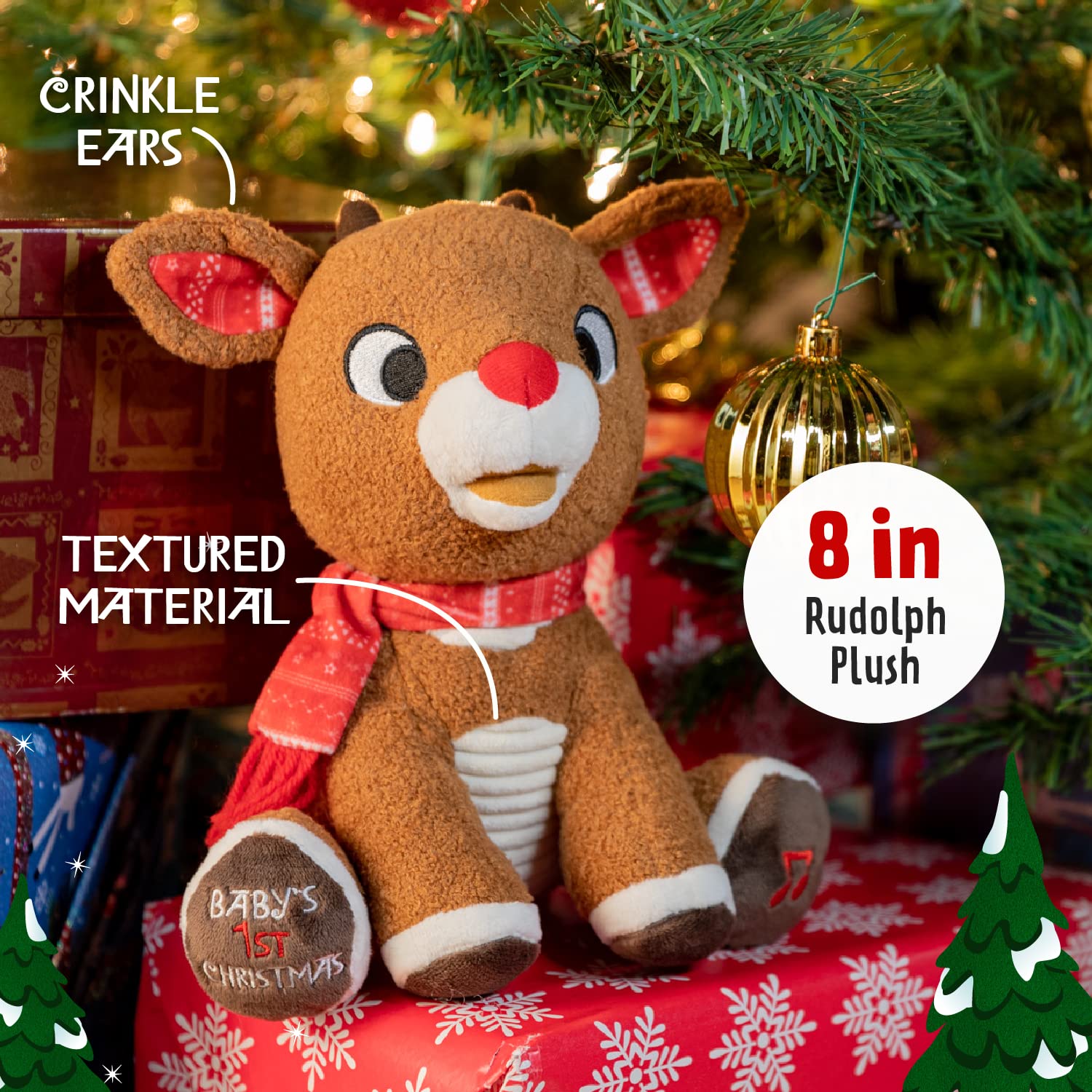 Rudolph The Red-Nosed Reindeer Musical Stuffed Animal, Baby's First Christmas Plush, 8 Inches