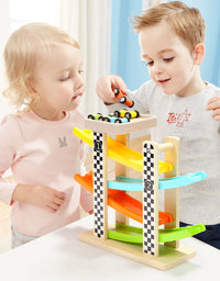TOP BRIGHT Toddler Toys For 1 2 Year Old Boy And Girl Gifts Wooden Race Track Car Ramp Racer With 4 Mini Cars
