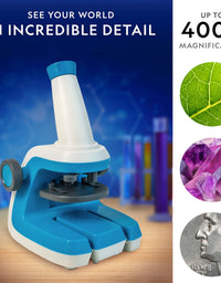 NATIONAL GEOGRAPHIC Microscope for Kids - STEM Kit with an Easy-to-Use Kids Microscope, Up to 400x Zoom, Blank and Prepared Slides, Rock and Mineral Specimens, and More, Great Science Project Set
